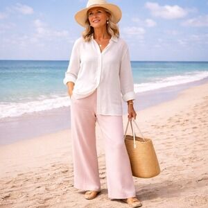 Tropical Al Silk Straight Leg Pants Women's Petite Large Pink Resort Coastal